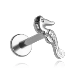 Tytanowy kolczyk labret konik morski - srebrny - TGW-169