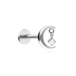 Tytanowy kolczyk labret księżyc z białą cyrkonią - srebrny