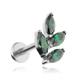 Tytanowy kolczyk labret listki z zielonymi cyrkoniami - srebrny