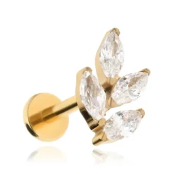 Tytanowy kolczyk labret listki z białymi cyrkoniami - złoty