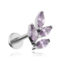 Tytanowy kolczyk labret listki z fioletowymi cyrkoniami - srebrny