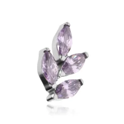 Tytanowy kolczyk labret listki z fioletowymi cyrkoniami - srebrny