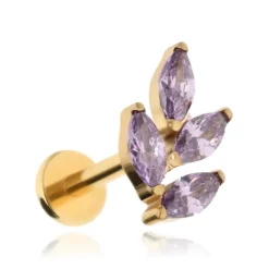 Tytanowy kolczyk labret listki z fioletowymi cyrkoniami - złoty