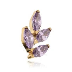 Tytanowy kolczyk labret listki z fioletowymi cyrkoniami - złoty