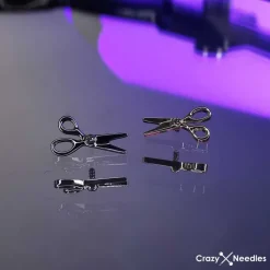 Tytanowy kolczyk labret nożyczki z białą cyrkonią - srebrne