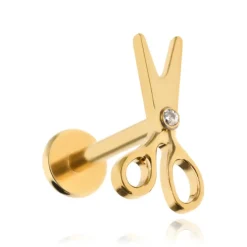 Tytanowy kolczyk labret nożyczki z białą cyrkonią - złote
