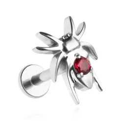 Tytanowy kolczyk labret pająk z czerwoną cyrkonią - srebrny - TGW-140