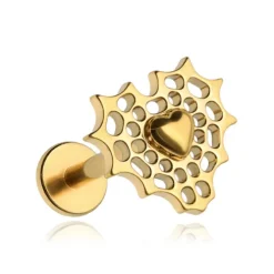 Tytanowy kolczyk labret pajęczyna serce - złota - TGW-148