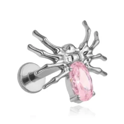 Tytanowy kolczyk labret pająk z różową cyrkonią - srebrny - TGW-126