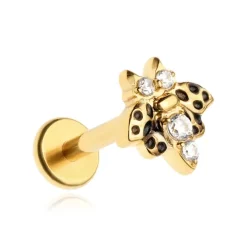 Tytanowy kolczyk labret pszczoła z białymi cyrkoniami - złota - TGW-139