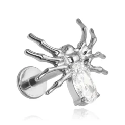 Tytanowy kolczyk labret pająk z białą cyrkonią - srebrny - TGW-126