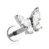 Tytanowy kolczyk labret srebrny motylek z białymi cyrkoniami