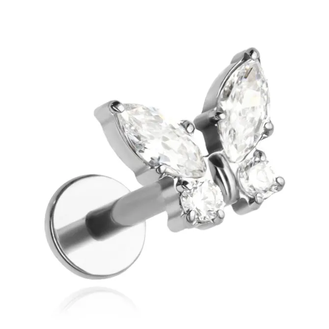 Tytanowy kolczyk labret srebrny motylek z białymi cyrkoniami