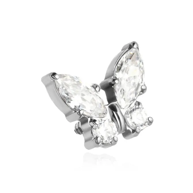 Tytanowy kolczyk labret srebrny motylek z białymi cyrkoniami