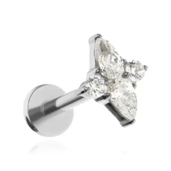 Tytanowy kolczyk labret srebrny z białymi cyrkoniami