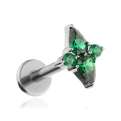 Tytanowy kolczyk labret srebrny z zielonymi cyrkoniami