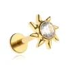 Tytanowy kolczyk labret słońce z białą cyrkonią - złoty