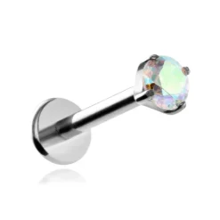 Tytanowy kolczyk labret srebrny z opalizującą cyrkonią