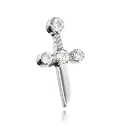 Tytanowy kolczyk labret sztylet z białymi cyrkoniami - srebrny