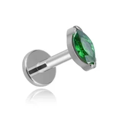 Tytanowy kolczyk labret srebrna łezka z zieloną cyrkonią