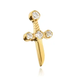 Tytanowy kolczyk labret sztylet z białymi cyrkoniami - złoty
