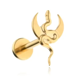 Tytanowy kolczyk labret wąż z księżycem - złoty
