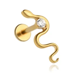 Tytanowy kolczyk labret wąż z białą cyrkonią - złoty - TGW-173