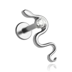 Tytanowy kolczyk labret wąż z białą cyrkonią - srebrny - TGW-173