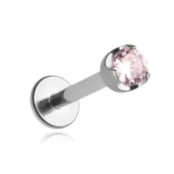 Tytanowy kolczyk labret z różową cyrkonią