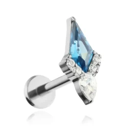 Tytanowy kolczyk labret z niebieską i białymi cyrkoniami - srebrny