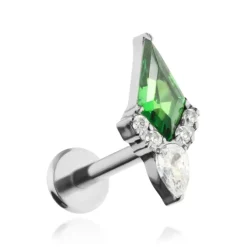 Tytanowy kolczyk labret z zieloną i białymi cyrkoniami - srebrny