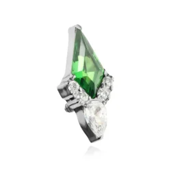 Tytanowy kolczyk labret z zieloną i białymi cyrkoniami - srebrny