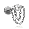 Tytanowy kolczyk labret z białą cyrkonią i łańcuszkami - srebrny