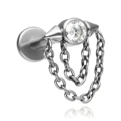 Tytanowy kolczyk labret z białą cyrkonią i łańcuszkami - srebrny