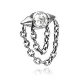 Tytanowy kolczyk labret z białą cyrkonią i łańcuszkami - srebrny