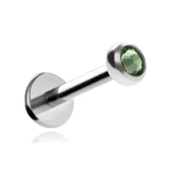 Tytanowy kolczyk labret z zielonym kryształkiem premium - srebrny