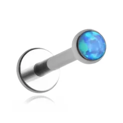 Tytanowy kolczyk labret z niebieskim opalem OP05 - srebrny
