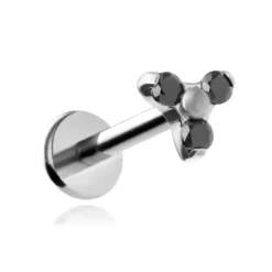 Tytanowy kolczyk labret z trzema czarnymi cyrkoniami