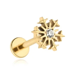 Tytanowy kolczyk labret z biąłą cyrkonią - śnieżynka - złoty - TGW-153