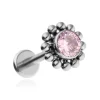 Tytanowy kolczyk labret z różową cyrkonią - srebrny