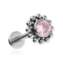 Tytanowy kolczyk labret z różową cyrkonią - srebrny