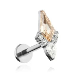 Tytanowy kolczyk labret z szampańską i białymi cyrkoniami - srebrny