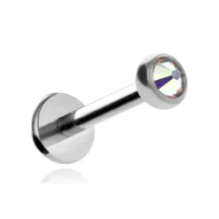 Tytanowy kolczyk labret z opalizującym kryształkiem premium - srebrny