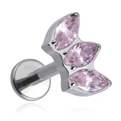 Tytanowy kolczyk labret z różowymi cyrkoniami - srebrny