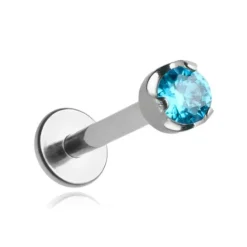 Tytanowy kolczyk labret z niebieską cyrkonią