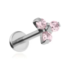 Tytanowy kolczyk labret z trzema różowymi cyrkoniami