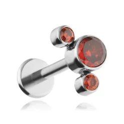 Tytanowy kolczyk labret z czerwoną i pomarańczowymi cyrkoniami - srebrny
