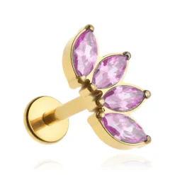 Tytanowy kolczyk labret złoty cluster z różowymi cyrkoniami