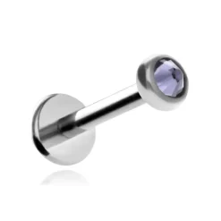 Tytanowy kolczyk labret z fioletowym kryształkiem premium - srebrny