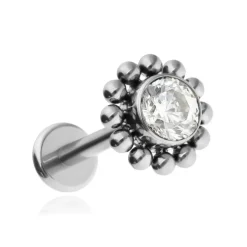 Tytanowy kolczyk labret z białą cyrkonią - srebrny